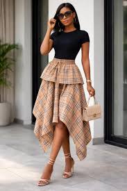 Beige Plaid Layered Handkerchief Midi Skirt