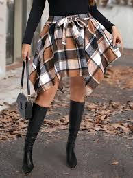 Brown Plaid Tie-Waist Handkerchief Mini Skirt