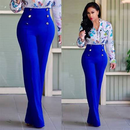 Blue Double-Breasted High-Waisted Office Trousers