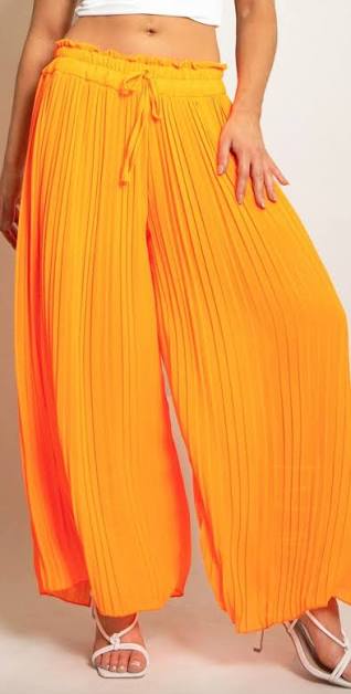 Vibrant Sunset Orange Wide-Leg Pleated Palazzo Pants