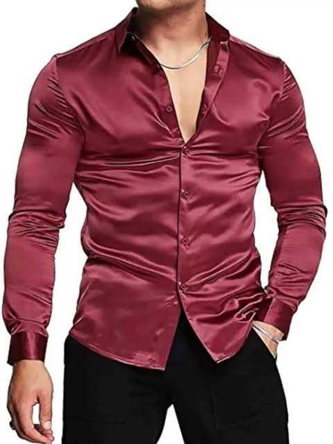 Satin Gloss Button-Down Shirt – Wine Red
