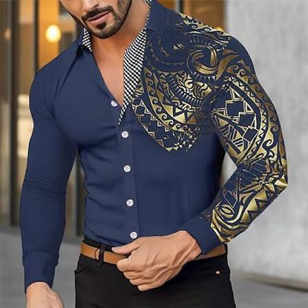Men’s Luxury Gold Tribal Metallic-Print Slim Shirt