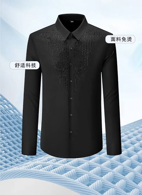 Luxury Black Embellished Rhinestone V-Chest Dress Shirt