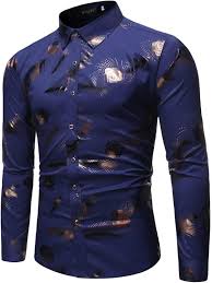 Royal Blue Metallic Feather & Splash Print Long-Sleeve Shirt