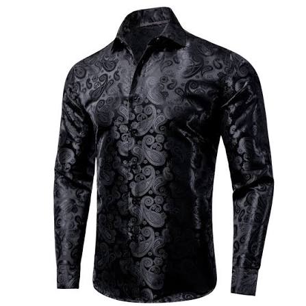 Charcoal Black Satin Paisley Jacquard Dress Shirt