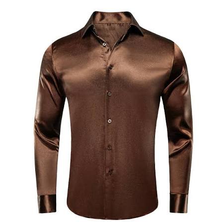 Brown Satin Silk Long-Sleeve Button-Down Shirt