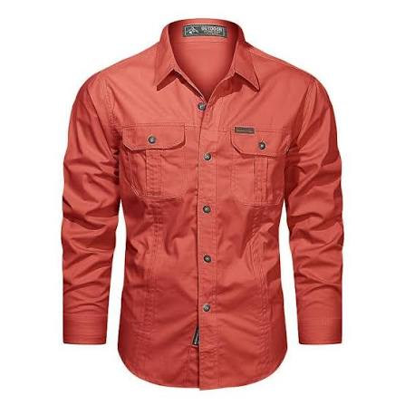 Cargo Long-Sleeve Cotton Work Shirt – Rust Red