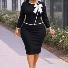 Bow-Accent Contrast Trim Midi Bodycon Dress