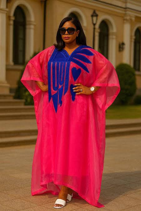 Sheer Silk Kaftan Dress with Royal Blue Neckline Embroidery