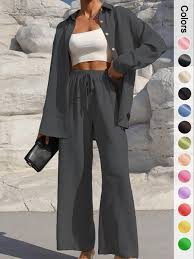 Long Sleeve Shirt & Wide-Leg Pants Set