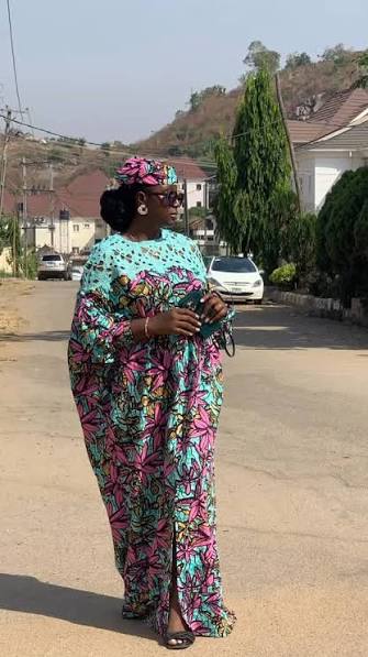African Print Maxi Boubou Dress with Black Lace Yoke