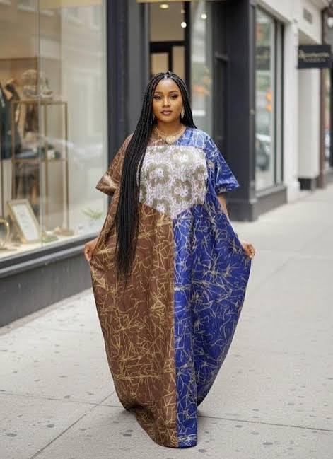 Two-Tone Brown & Blue Batik Maxi Boubou Dress