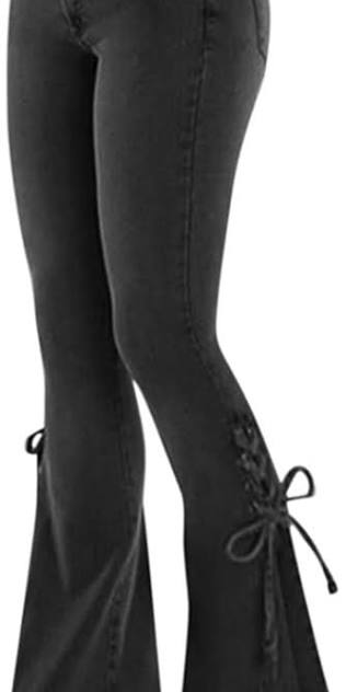 Gothic Black Corset Tie-Up Wide Flare Denim Trousers
