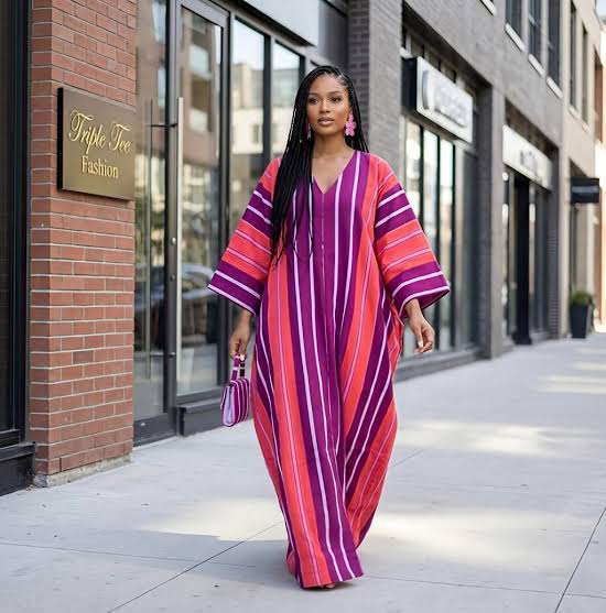 Striped Oversized Maxi Kaftan Dress with Kimono Sleeves