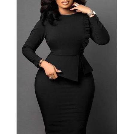 Black Side-Ruffle Asymmetric Peplum Midi Dress