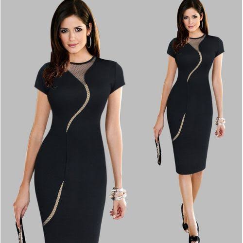 Black Mesh Panel Curved Accent Midi Dress
