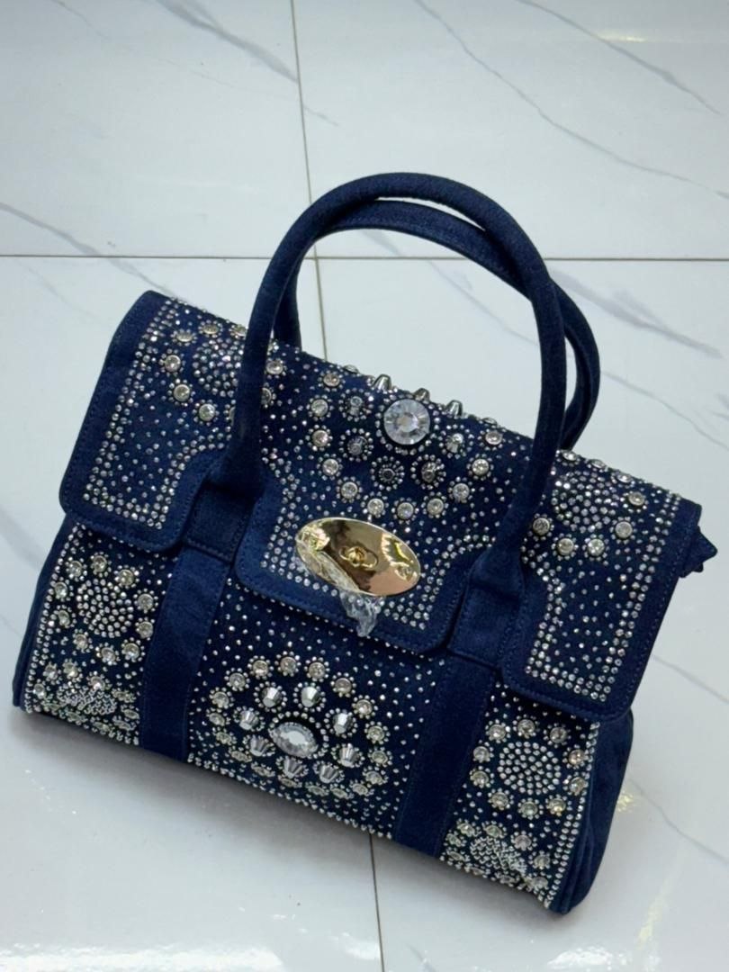 Women's Rhinestone-Embellished Dark Blue Structured Handbag