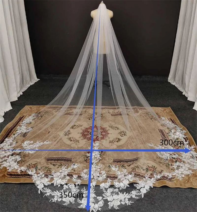 Customized High Quality Vintage Wedding Veil 3.5M Long Special Cut Royal Bridal Veil with Comb Bling Sequins Lace Veil - Image 12