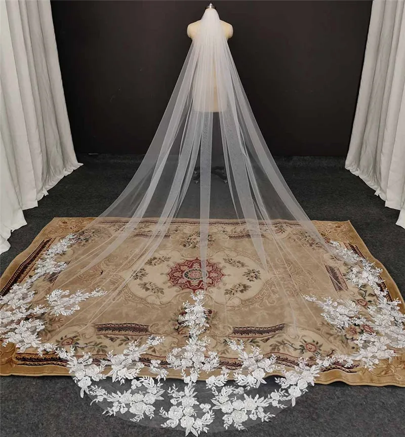 Customized High Quality Vintage Wedding Veil 3.5M Long Special Cut Royal Bridal Veil with Comb Bling Sequins Lace Veil - Image 8