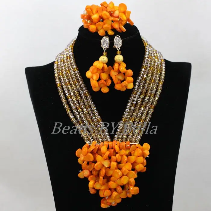 African Beads Jewelry Set Orange Coral And Crystal Nigerian Wedding Bridal Jewelry Sets ABK084 - Image 11