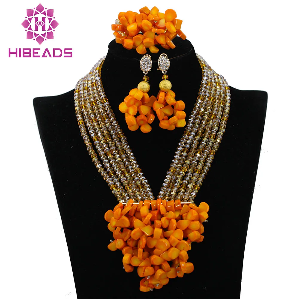 African Beads Jewelry Set Orange Coral And Crystal Nigerian Wedding Bridal Jewelry Sets ABK084