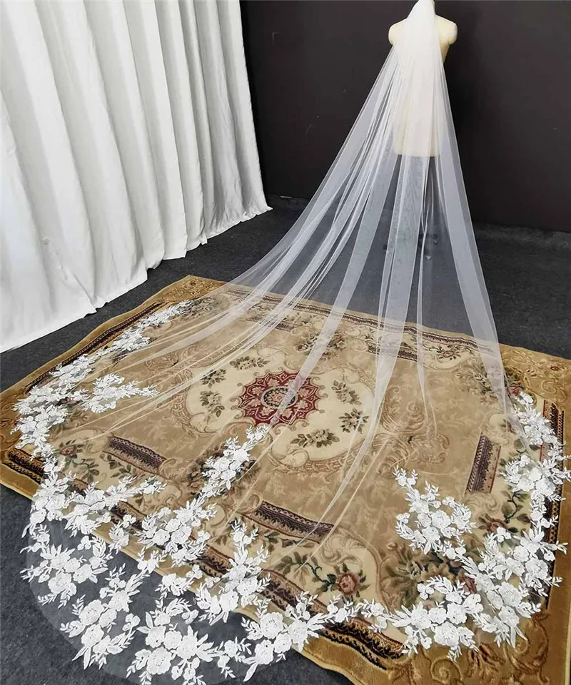 Customized High Quality Vintage Wedding Veil 3.5M Long Special Cut Royal Bridal Veil with Comb Bling Sequins Lace Veil - Image 9