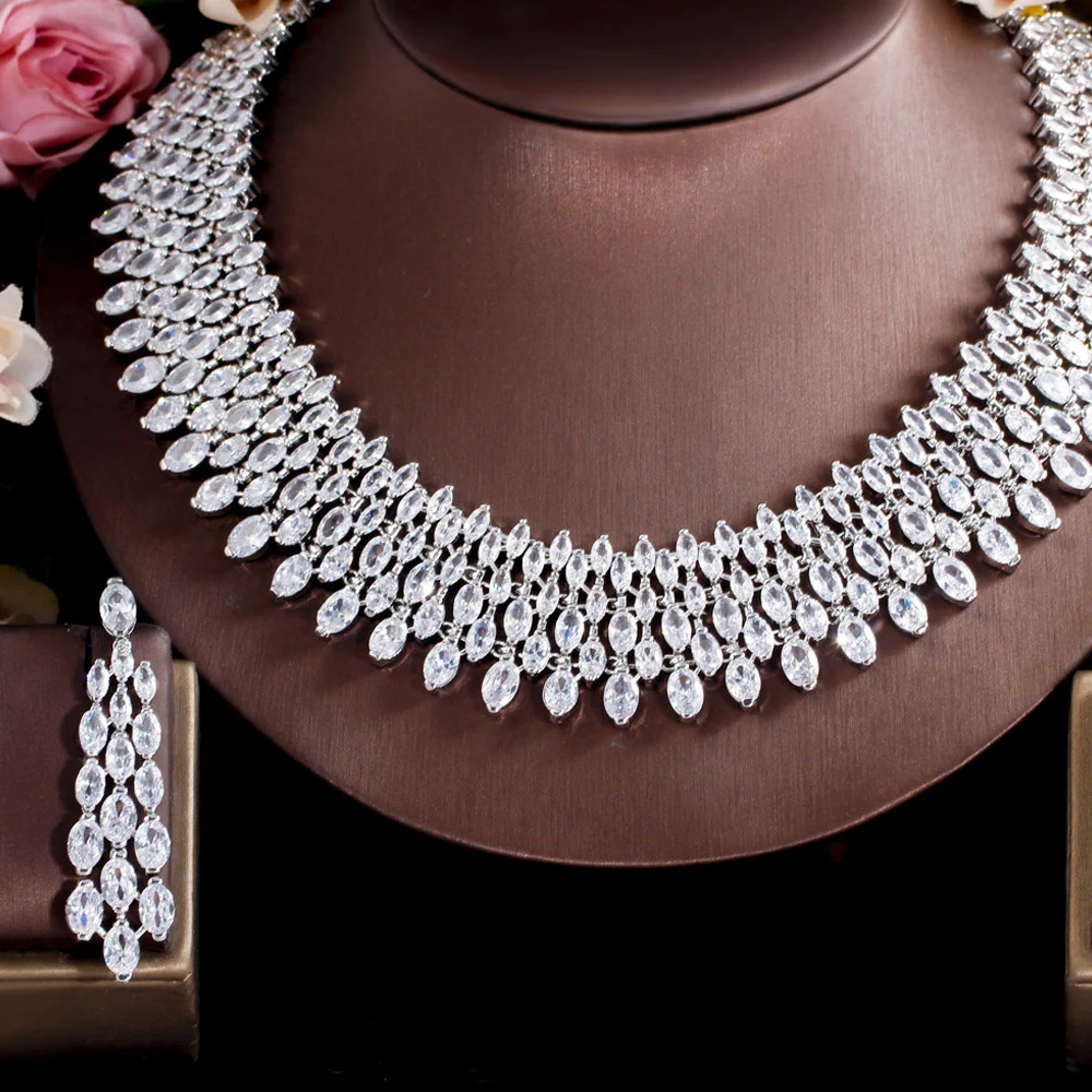 ThreeGraces Sparkling Cubic Zirconia Luxury Big Bridal Wedding Prom Earrings and Choker Necklace Jewelry Set for Women TZ720 - Image 4