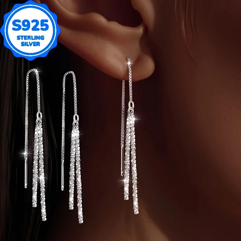 A pair of 2 pieces, women's fashionable hanging earrings, retro Bohemian style, hypoallergenic S925 silver, sparkling long ear l - Image 3