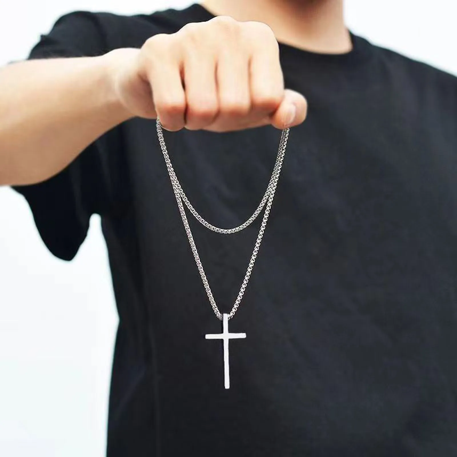 Vnox Unisex Box Chain Cross Necklaces, Men Women Stainless Steel Chain with Alloy Cross Pendant, Religious Faith Cross Necklace - Image 5