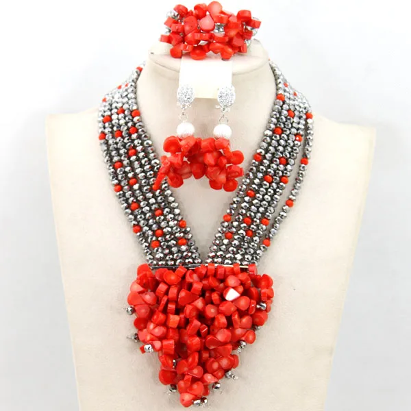 African Beads Jewelry Set Orange Coral And Crystal Nigerian Wedding Bridal Jewelry Sets ABK084 - Image 19