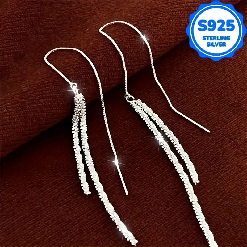 A pair of 2 pieces, women's fashionable hanging earrings, retro Bohemian style, hypoallergenic S925 silver, sparkling long ear l - Image 6