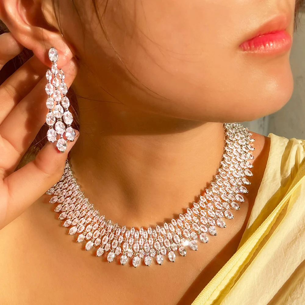 ThreeGraces Sparkling Cubic Zirconia Luxury Big Bridal Wedding Prom Earrings and Choker Necklace Jewelry Set for Women TZ720 - Image 13