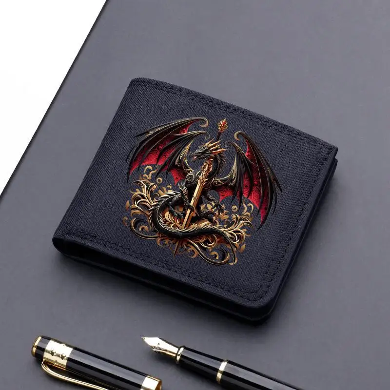 Horse Dragon Pattern Canvas Boy Girl Kids Wallet Black Card Holder Male Money Bag Bank Holder Short Purse Credit Card Case Bag