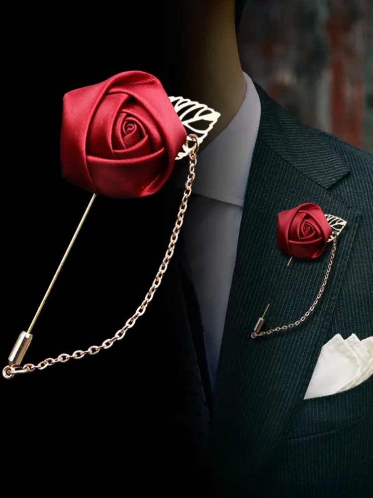 Burgundy Boutonnieres Wedding Accessories Groom Corsage Lapel Pins Ribbon Rose Flower Women Buttonhole Brooch Mariage Prom Decor - Image 15