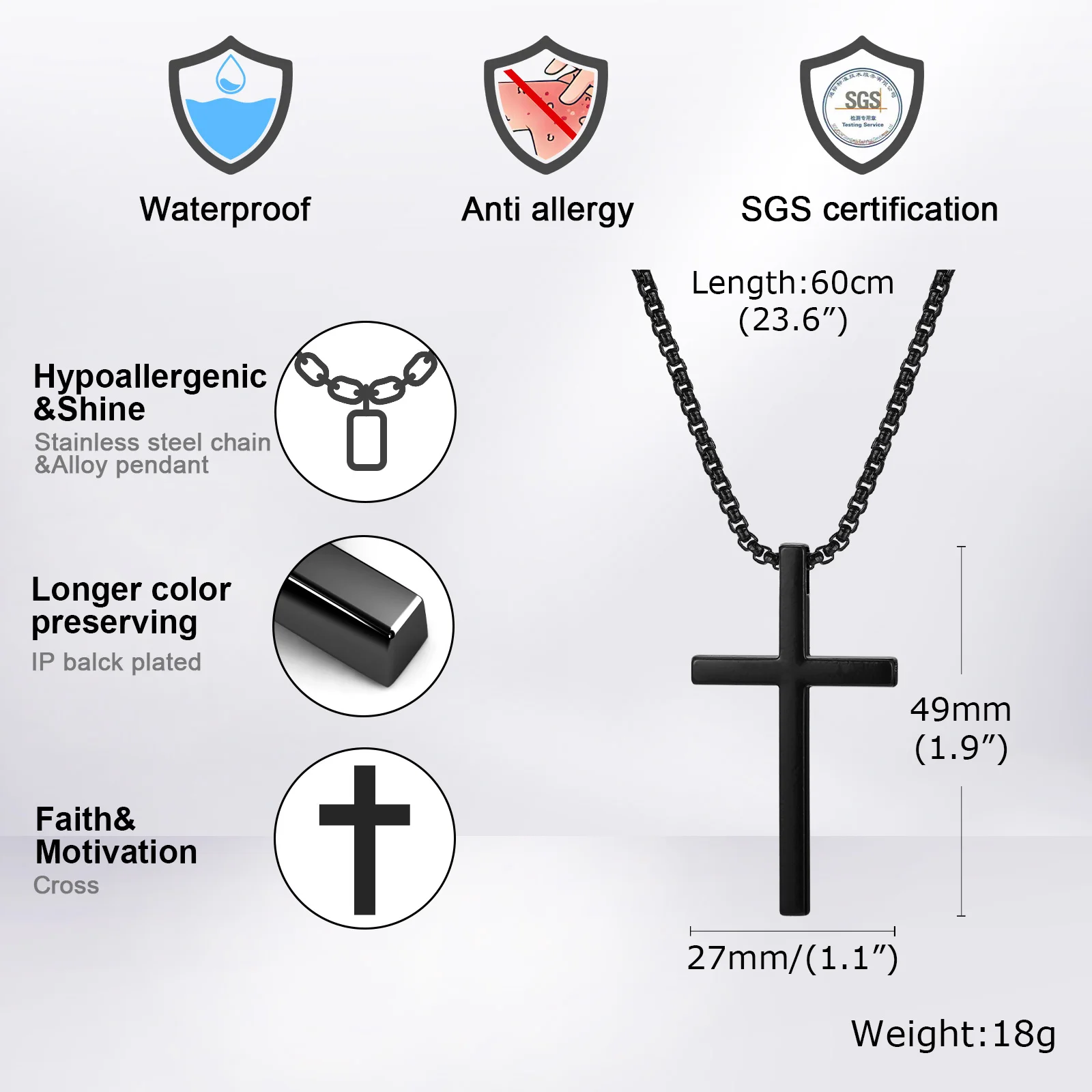 Vnox Unisex Box Chain Cross Necklaces, Men Women Stainless Steel Chain with Alloy Cross Pendant, Religious Faith Cross Necklace - Image 4