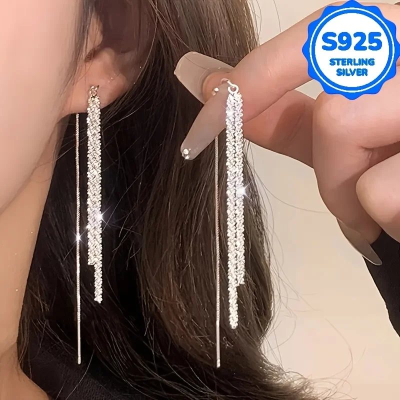 A pair of 2 pieces, women's fashionable hanging earrings, retro Bohemian style, hypoallergenic S925 silver, sparkling long ear l - Image 4