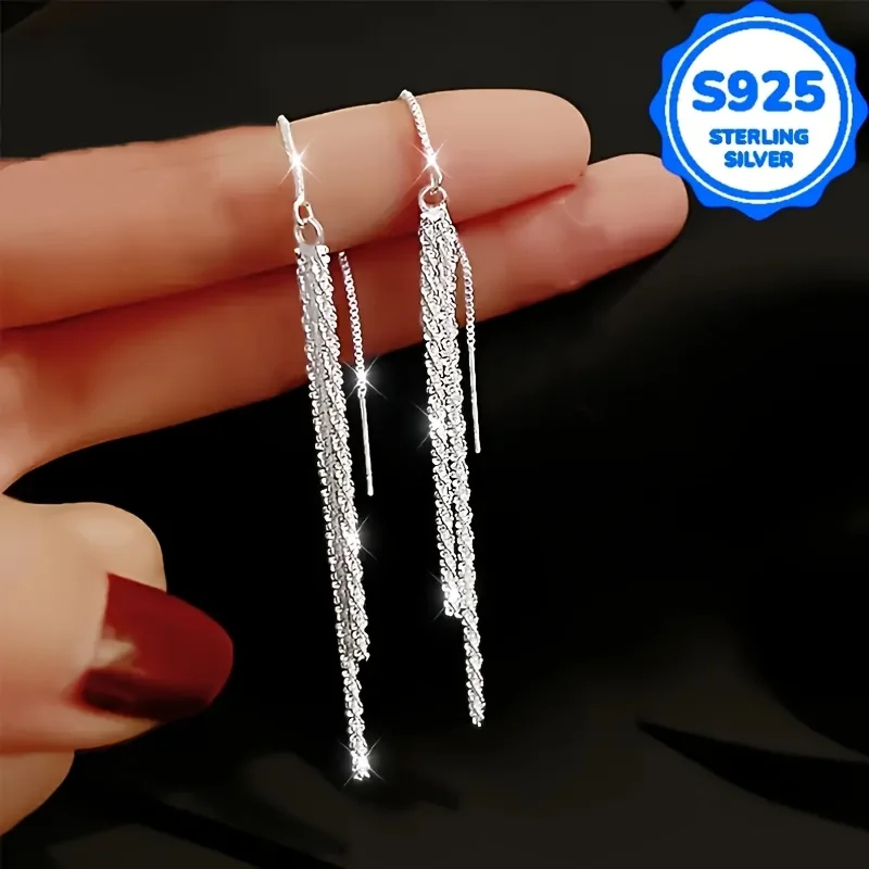 A pair of 2 pieces, women's fashionable hanging earrings, retro Bohemian style, hypoallergenic S925 silver, sparkling long ear l - Image 2