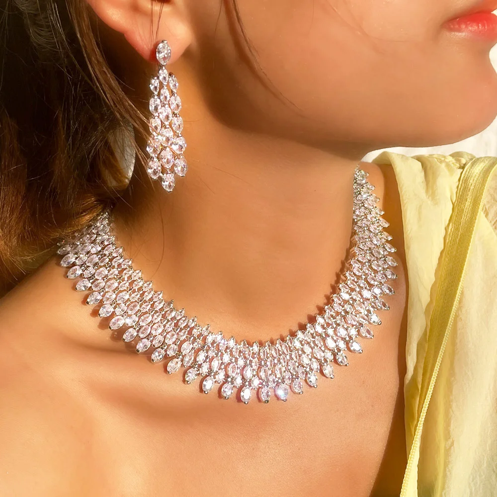 ThreeGraces Sparkling Cubic Zirconia Luxury Big Bridal Wedding Prom Earrings and Choker Necklace Jewelry Set for Women TZ720 - Image 3