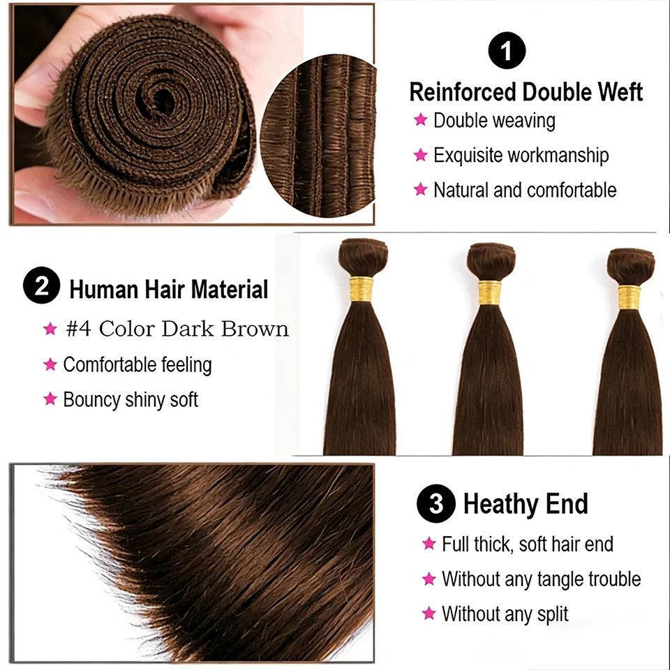 Chocolate Brown Straight Human Hair Bundles Color 4 Straight Virgin Human Hair 15A Unprocessed Chocolate Straight Hair Extension - Image 23