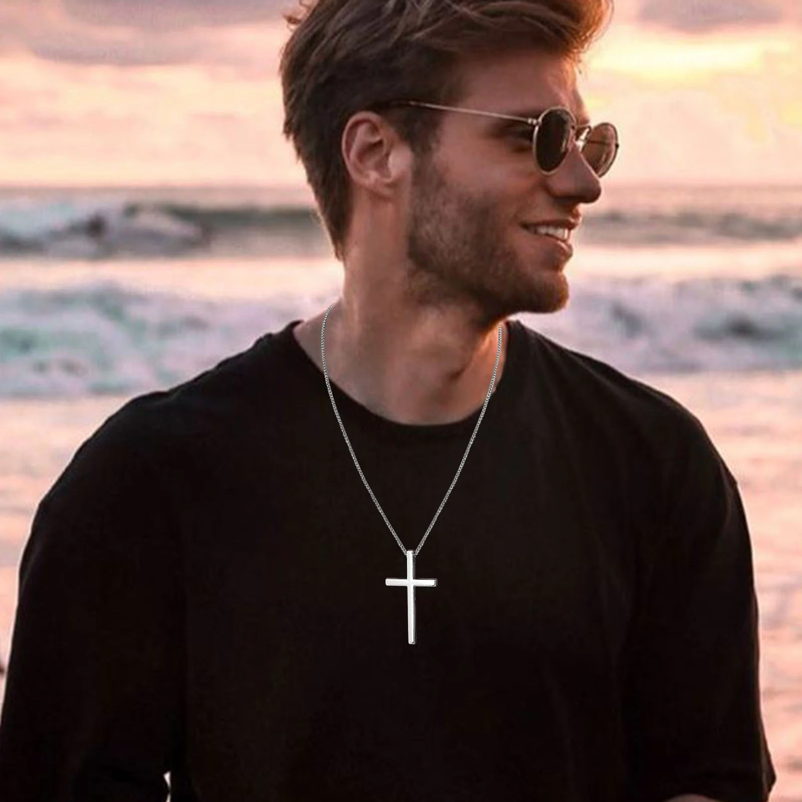 Vnox Unisex Box Chain Cross Necklaces, Men Women Stainless Steel Chain with Alloy Cross Pendant, Religious Faith Cross Necklace - Image 3