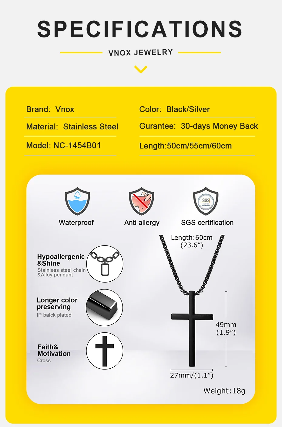 Vnox Unisex Box Chain Cross Necklaces, Men Women Stainless Steel Chain with Alloy Cross Pendant, Religious Faith Cross Necklace - Image 17
