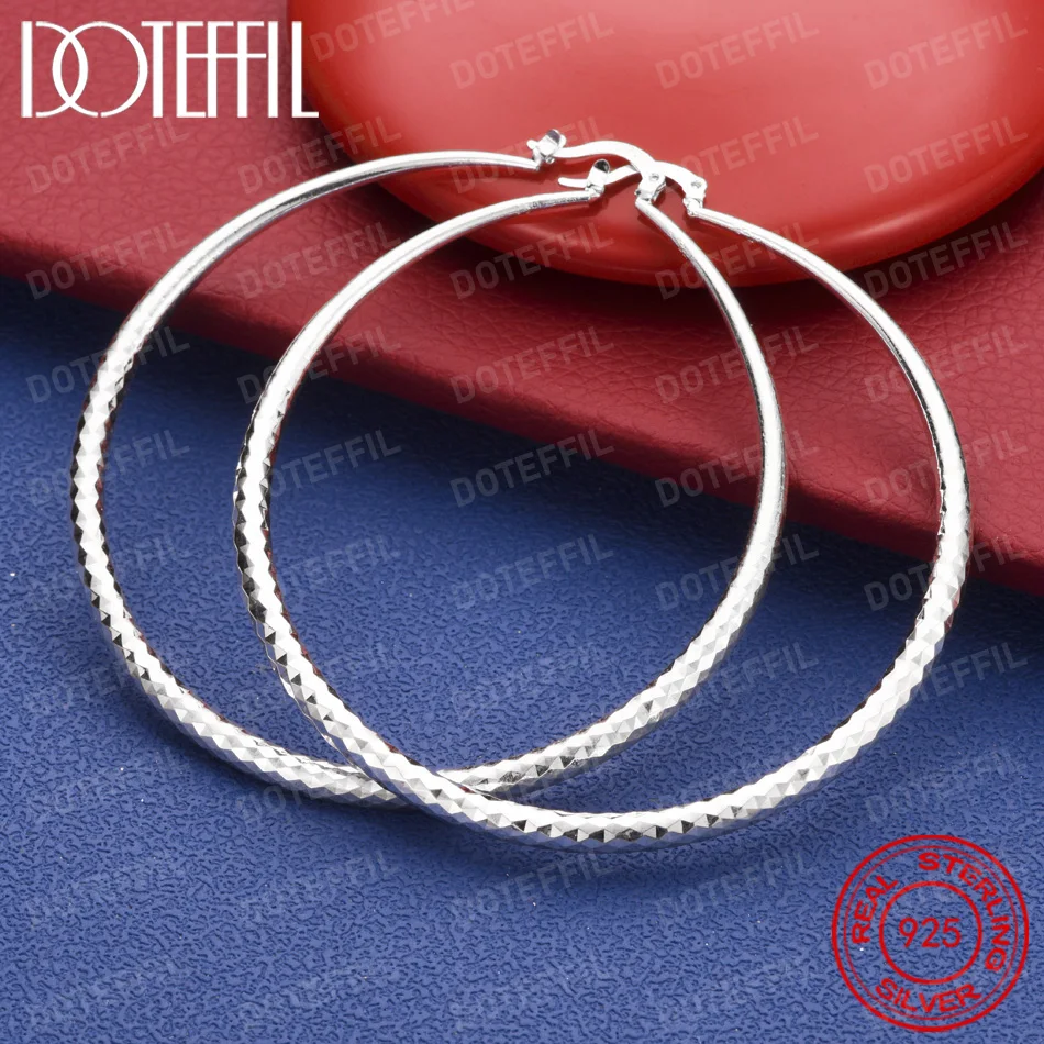 925 Sterling Silver 70mm Simple Glossy Large Round Earrings for Women, Fashionable Wedding Jewelry and Party Accessories