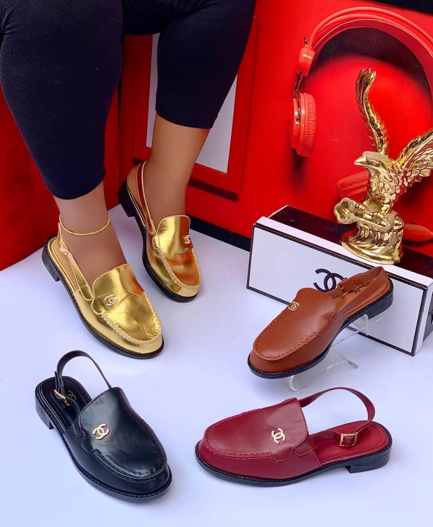 Premium Leather Round-Toe Mules with Crystal CC Logo & Adjustable Heel Strap