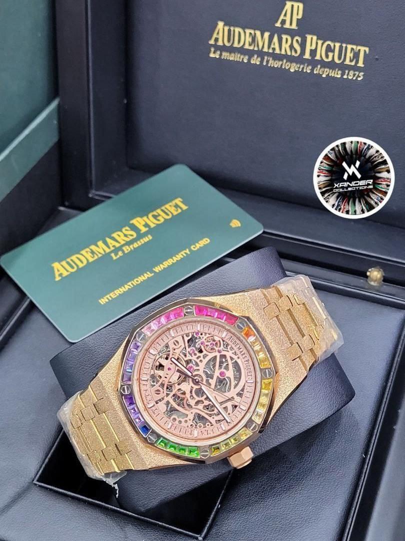 Audemars Piguet Royal Oak Style Skeleton Gold Watch – Rainbow Bezel Edition - Image 2