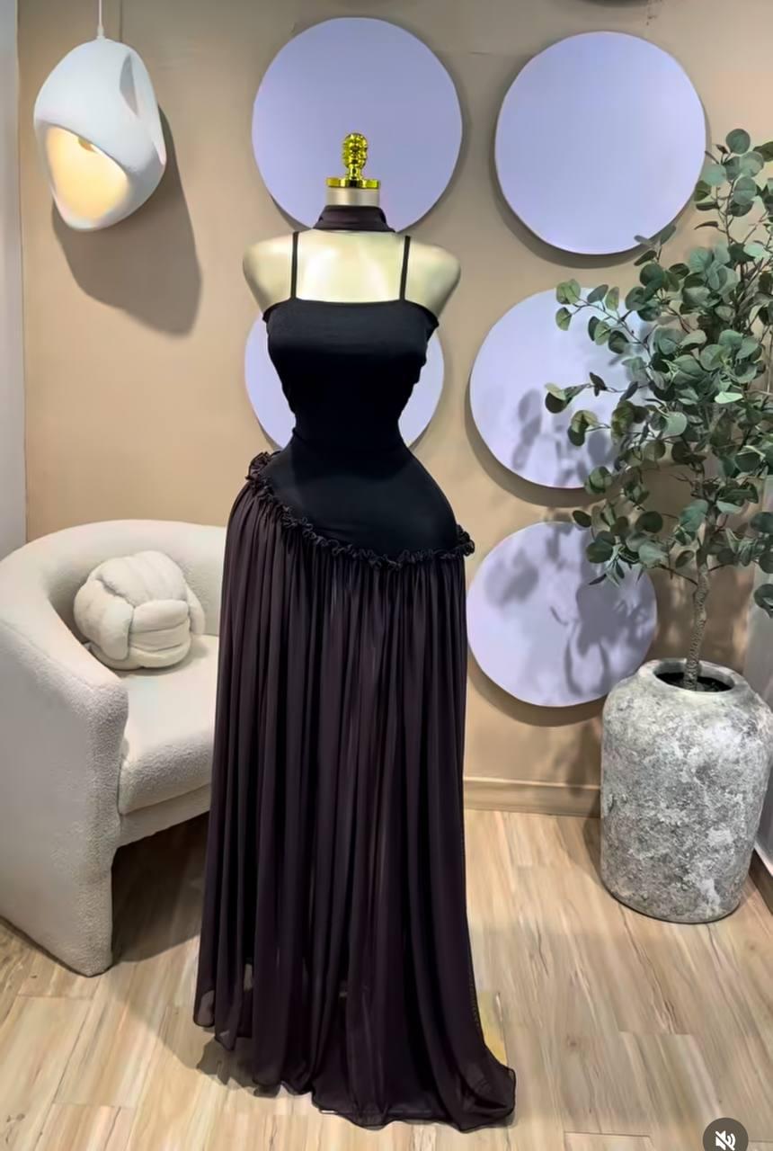 Women's Allure Black Halter-Neck Maxi Gown Evening Dress
