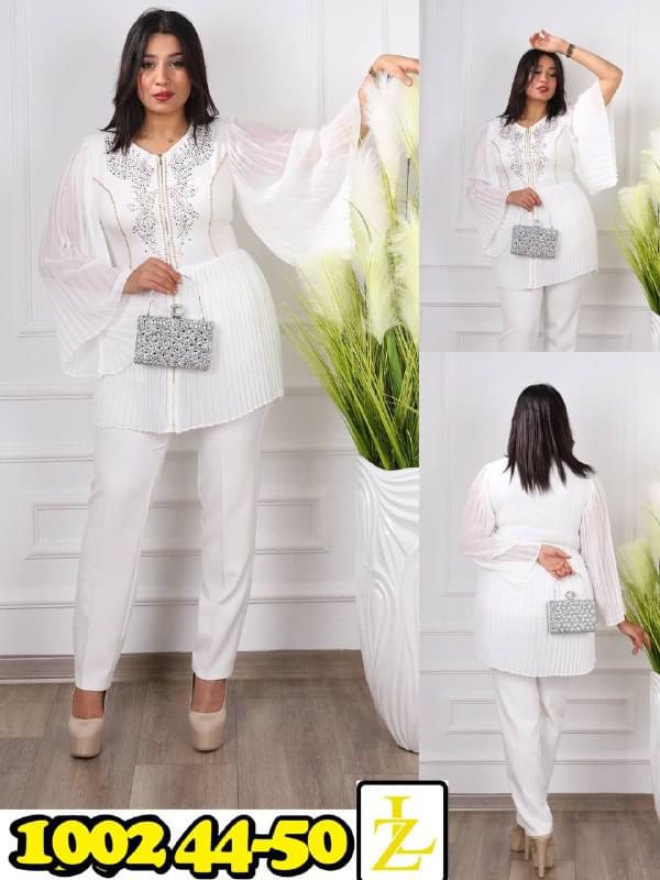 Two-Piece Top and Trouser Set with Sheer Polka Dot Mesh Illusion Sleeves - Image 3