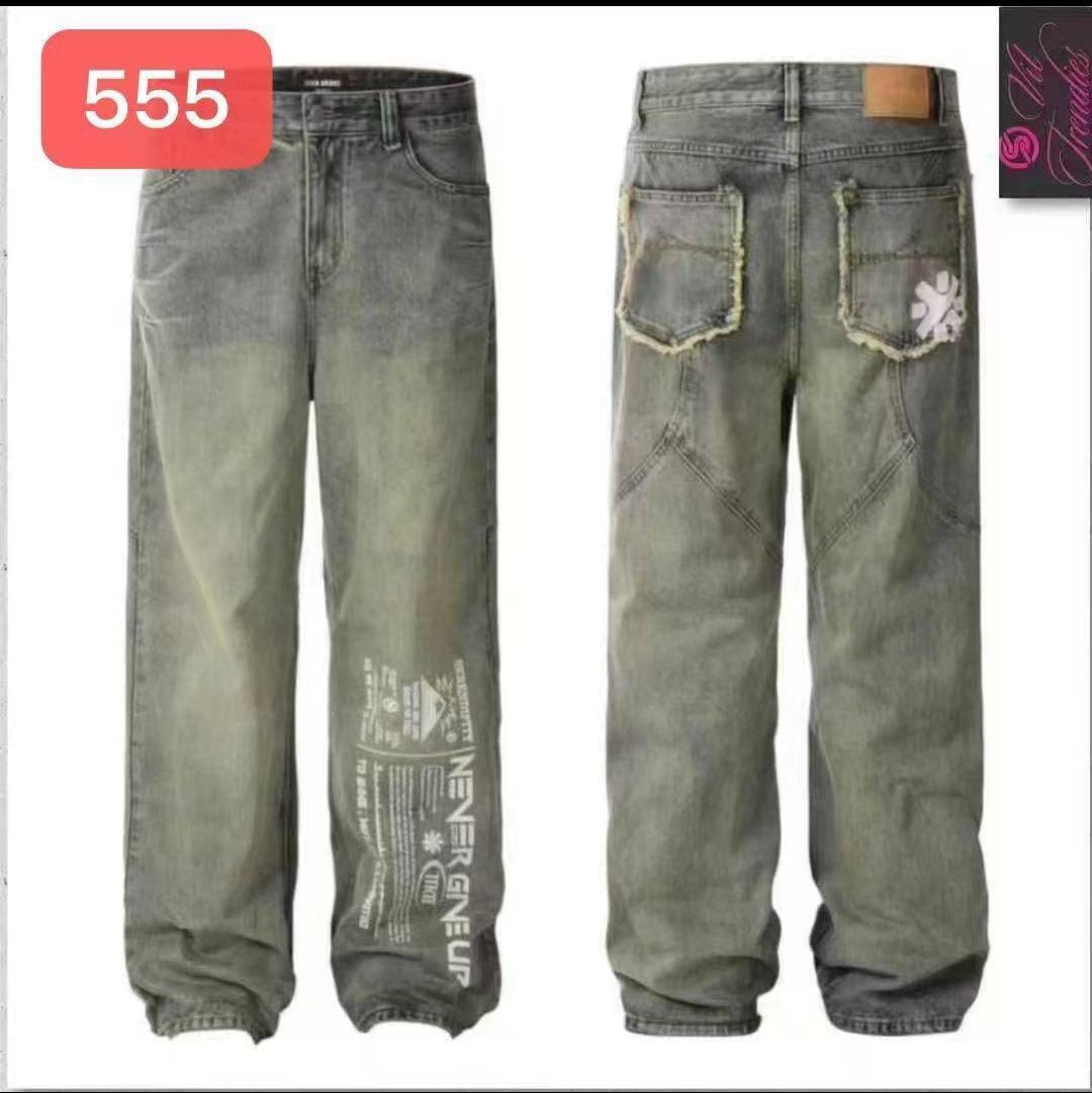 Men's Vintage Wash Graphic Wide-Leg Jeans 