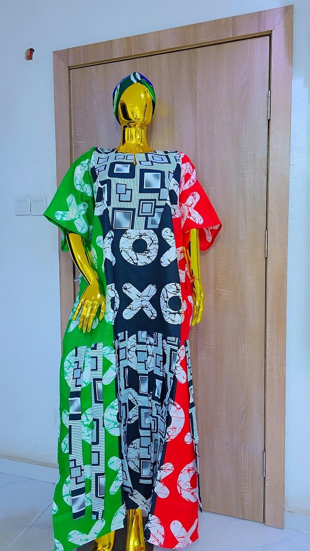 Tri-Color Block African Boubou Gown with Matching Headwrap