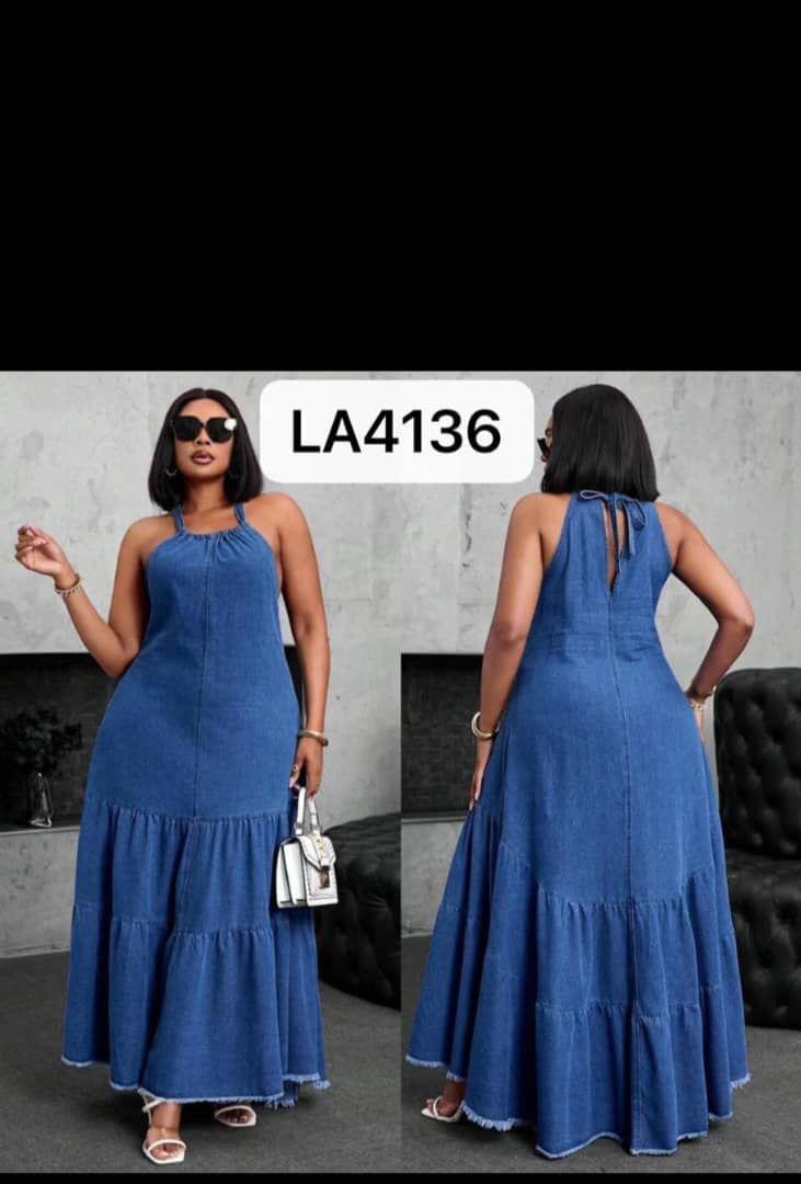 Women's Chic Chambray Denim Halter Neck Tiered Maxi Dress - Image 4