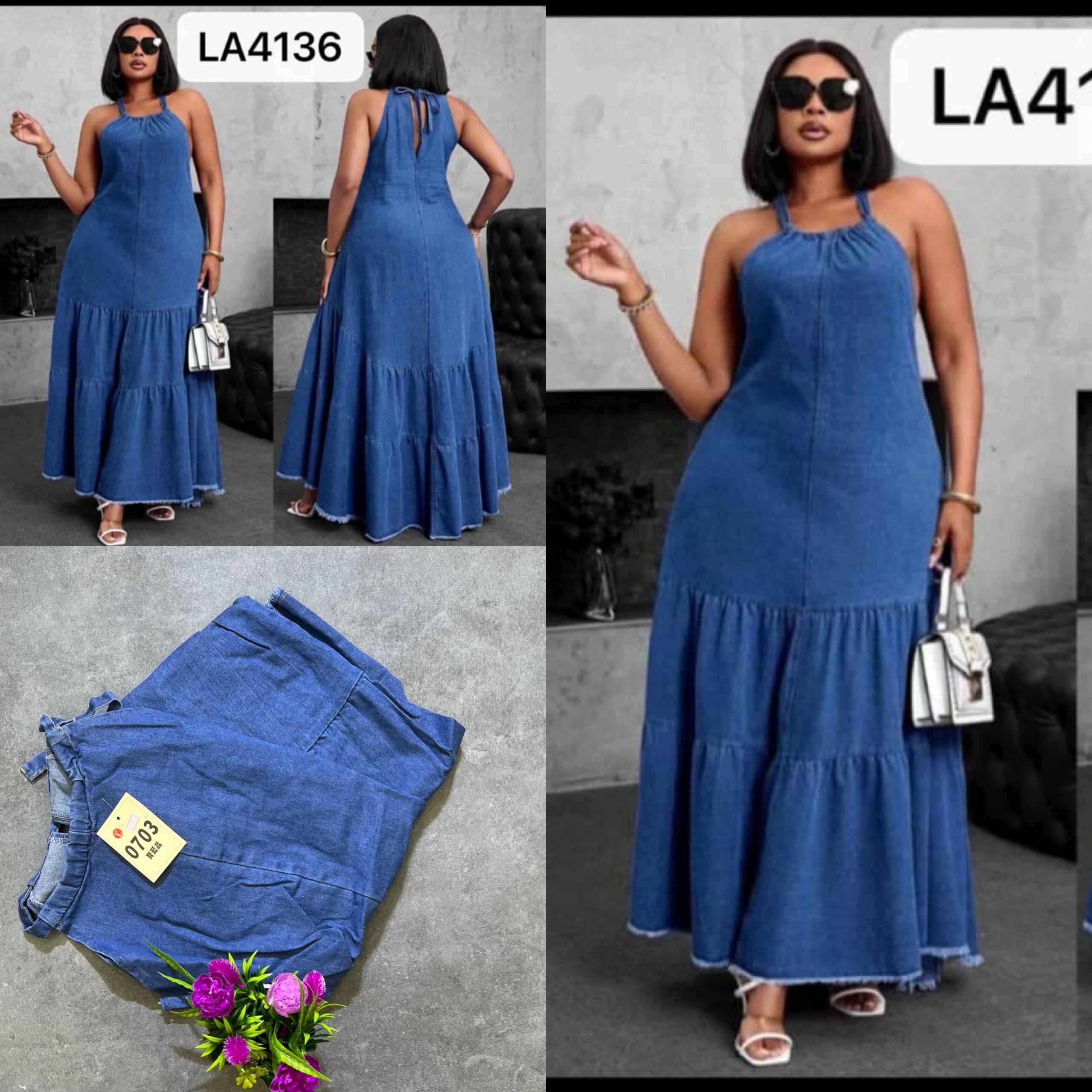 Women's Chic Chambray Denim Halter Neck Tiered Maxi Dress